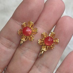 VTG goldtone filigree red moonglow earrings
